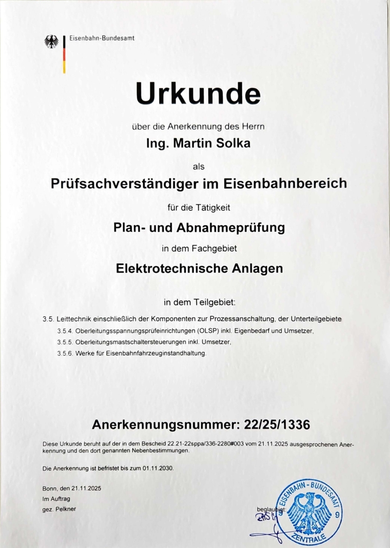 Solka Anerkennung Prüfsachverständiger im Eisenbahnbereich – Solka Engineering